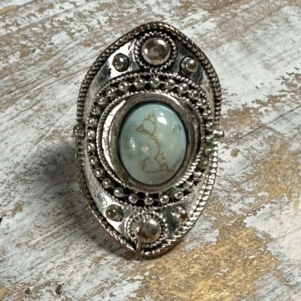 Boho Silver Tone Faux Turquoise Shield Statement Ring Size 8.25 Western Tribal